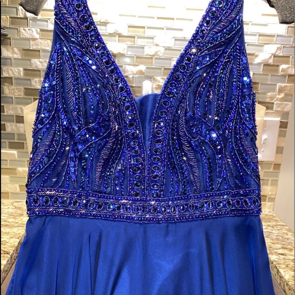 Size 14 Sherri Hill Blue Beaded A-line gown.